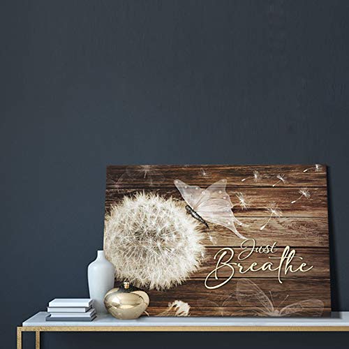 HANKCLES Rustic Wall Art Just Breathe Dandelion pictures wall decor White Flower Floral wall decor Painting Canvas Wall Art- Just Breath For Bathroom pictures wall Decor Bedroom Living Room Framed Ready To Hang 16x24 Inch