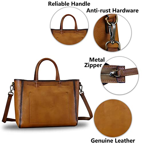 Genuine Leather Top Handle Handbag for Women Retro Satchel Vintage Cowhide Handmade Crossbody Handbags Purse Hobo Bag (Brown)