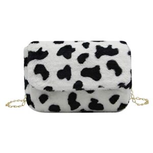 rarityus women fashion leopard print shoulder bag fluffy plush handbag cow print crossbody purse faux fur with chain strap