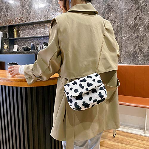 RARITYUS Women Fashion Leopard Print Shoulder Bag Fluffy Plush Handbag Cow Print Crossbody Purse Faux Fur with Chain Strap