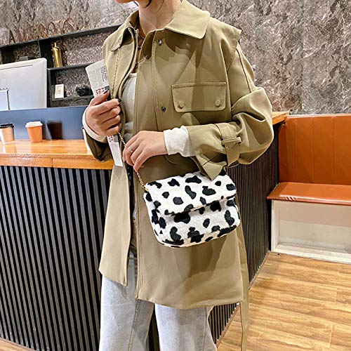 RARITYUS Women Fashion Leopard Print Shoulder Bag Fluffy Plush Handbag Cow Print Crossbody Purse Faux Fur with Chain Strap