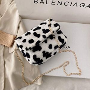 RARITYUS Women Fashion Leopard Print Shoulder Bag Fluffy Plush Handbag Cow Print Crossbody Purse Faux Fur with Chain Strap