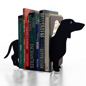 decorative metal bookends for bookshelf, black dog dachshund heavy duty book ends for shelves, universal books holders and stopper for desk, unique book separator or dividers for home or office decor