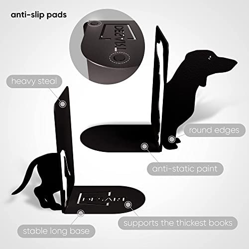 Decorative Metal Bookends for Bookshelf, Black Dog Dachshund Heavy Duty Book Ends for Shelves, Universal Books Holders and Stopper for Desk, Unique Book Separator Or Dividers for Home Or Office Decor
