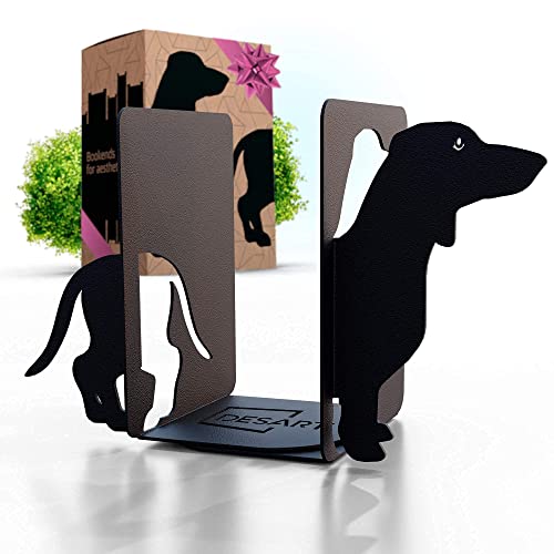 Decorative Metal Bookends for Bookshelf, Black Dog Dachshund Heavy Duty Book Ends for Shelves, Universal Books Holders and Stopper for Desk, Unique Book Separator Or Dividers for Home Or Office Decor