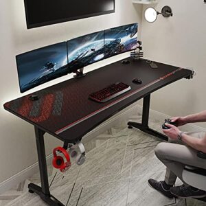 EUREKA ERGONOMIC 60 Inch Gaming Desk with Full Mouse Pad, Large Home Office Curved Computer Desk for 3 Monitors with Cup Holder, Headphone Hook and Handle Rack with USB Charging Ports for Gamer, Black