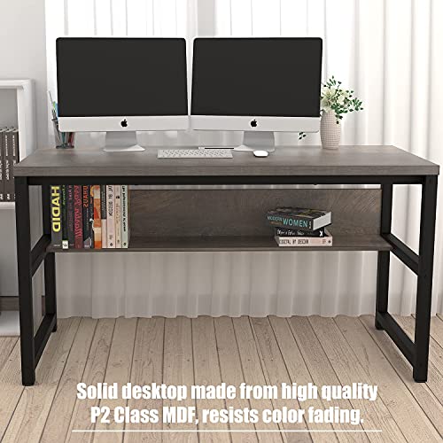 TOPSKY Computer Desk with Bookshelf/Metal Hole Cable Cover 1.18" Thick Desk (55", Espresso Gray)