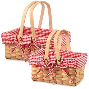 2 pieces different sizes picnic baskets natural woven basket with double folding handles, woodchip basket easter basket for easter egg candy halloween children’s toy storage (red and white)