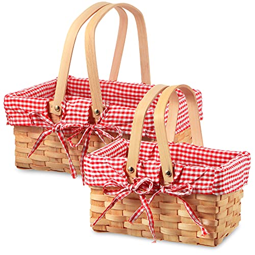 2 Pieces Different Sizes Picnic Baskets Natural Woven Basket with Double Folding Handles, Woodchip Basket Easter Basket for Easter Egg Candy Halloween Children's Toy Storage (Red and White)