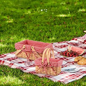 2 Pieces Different Sizes Picnic Baskets Natural Woven Basket with Double Folding Handles, Woodchip Basket Easter Basket for Easter Egg Candy Halloween Children's Toy Storage (Red and White)