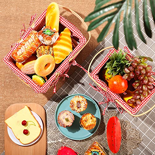 2 Pieces Different Sizes Picnic Baskets Natural Woven Basket with Double Folding Handles, Woodchip Basket Easter Basket for Easter Egg Candy Halloween Children's Toy Storage (Red and White)