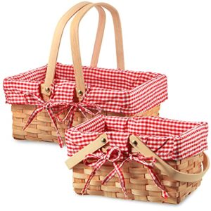 2 Pieces Different Sizes Picnic Baskets Natural Woven Basket with Double Folding Handles, Woodchip Basket Easter Basket for Easter Egg Candy Halloween Children's Toy Storage (Red and White)