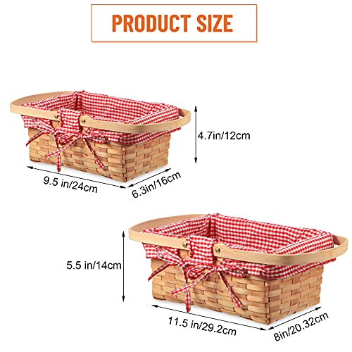 2 Pieces Different Sizes Picnic Baskets Natural Woven Basket with Double Folding Handles, Woodchip Basket Easter Basket for Easter Egg Candy Halloween Children's Toy Storage (Red and White)