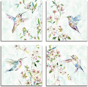 renditions gallery canvas wall art, 4 panels set 12×12 inches each framed artwork, hummingbird spring flowers vintage painting pictures for home décor