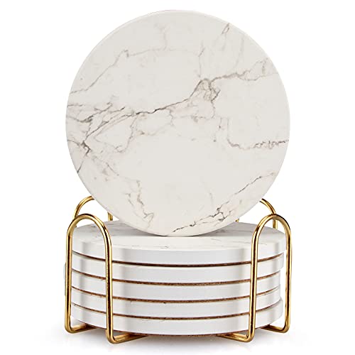 6 Pcs White Marble Coaster Set with Holder Best Absorbent Coasters Drink Coasters Ceramic Bar Coasters Wine Cute Stone Coasters Thirstysone Table Cup Modern Coasters