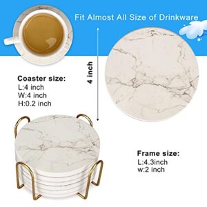 6 Pcs White Marble Coaster Set with Holder Best Absorbent Coasters Drink Coasters Ceramic Bar Coasters Wine Cute Stone Coasters Thirstysone Table Cup Modern Coasters