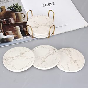 6 Pcs White Marble Coaster Set with Holder Best Absorbent Coasters Drink Coasters Ceramic Bar Coasters Wine Cute Stone Coasters Thirstysone Table Cup Modern Coasters