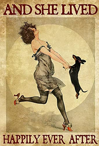 Graman Vintage Metal Tin Sign Dog Lovers Poster, and She Lived Happily Ever After Home Living Decor Art, Gift for Dog Lovers, Dog Lady Vintage dachshund Wall Art Print Poster Metal Tin Sign 8X12-Inch