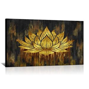 abstract lotus canvas wall art water lily flower picture print artworks gold and black floral painting poster for bedroom living room home wall decor stretched and framed ready to hang 20″x36″