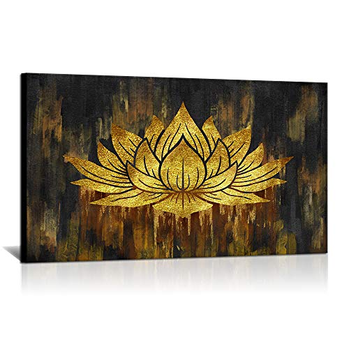 Abstract Lotus Canvas Wall Art Water Lily Flower Picture Print Artworks Gold and Black Floral Painting Poster for Bedroom Living Room Home Wall Decor Stretched and Framed Ready to Hang 20"x36"