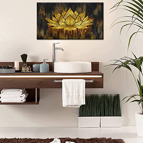 Abstract Lotus Canvas Wall Art Water Lily Flower Picture Print Artworks Gold and Black Floral Painting Poster for Bedroom Living Room Home Wall Decor Stretched and Framed Ready to Hang 20"x36"
