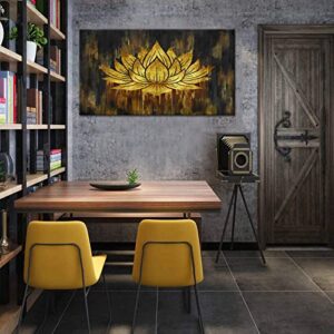 Abstract Lotus Canvas Wall Art Water Lily Flower Picture Print Artworks Gold and Black Floral Painting Poster for Bedroom Living Room Home Wall Decor Stretched and Framed Ready to Hang 20"x36"