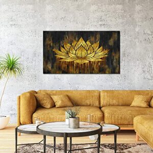Abstract Lotus Canvas Wall Art Water Lily Flower Picture Print Artworks Gold and Black Floral Painting Poster for Bedroom Living Room Home Wall Decor Stretched and Framed Ready to Hang 20"x36"