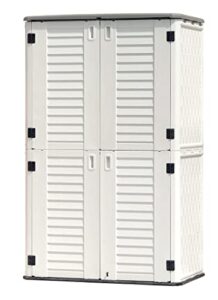 kinying outdoor storage shed waterproof, resin vertical storage cabinet double-layered, versatile to store patio furniture, garden tools, pool accessories,mower (52 cu.ft,white)