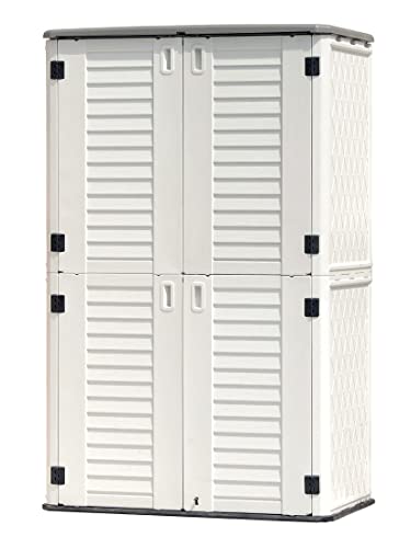 KINYING Outdoor Storage Shed Waterproof, Resin Vertical Storage Cabinet Double-Layered, Versatile to Store Patio Furniture, Garden Tools, Pool Accessories,Mower (52 Cu.ft,White)