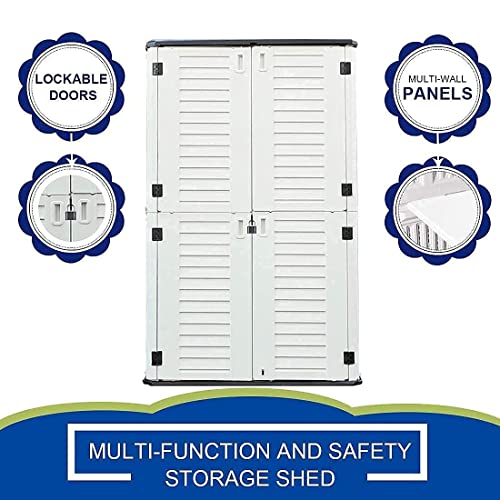 KINYING Outdoor Storage Shed Waterproof, Resin Vertical Storage Cabinet Double-Layered, Versatile to Store Patio Furniture, Garden Tools, Pool Accessories,Mower (52 Cu.ft,White)