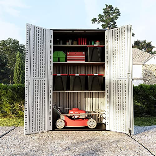 KINYING Outdoor Storage Shed Waterproof, Resin Vertical Storage Cabinet Double-Layered, Versatile to Store Patio Furniture, Garden Tools, Pool Accessories,Mower (52 Cu.ft,White)