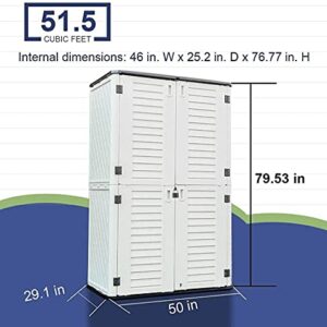 KINYING Outdoor Storage Shed Waterproof, Resin Vertical Storage Cabinet Double-Layered, Versatile to Store Patio Furniture, Garden Tools, Pool Accessories,Mower (52 Cu.ft,White)