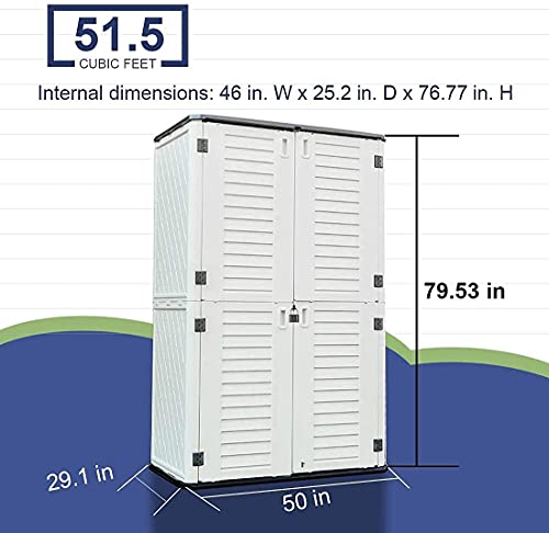 KINYING Outdoor Storage Shed Waterproof, Resin Vertical Storage Cabinet Double-Layered, Versatile to Store Patio Furniture, Garden Tools, Pool Accessories,Mower (52 Cu.ft,White)