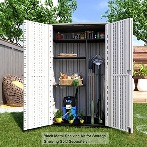 KINYING Outdoor Storage Shed Waterproof, Resin Vertical Storage Cabinet Double-Layered, Versatile to Store Patio Furniture, Garden Tools, Pool Accessories,Mower (52 Cu.ft,White)