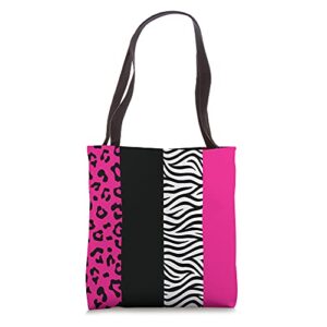hot pink and black half zebra and half leopard print tote bag