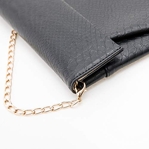 bys2mr Women's Clutch Purse Bags - Flat Envelope Python PU Leather Crossbody Evening Party Wedding Handbag with Chain Strap Black