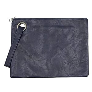 c.c-us women oversized envelope handbag soft leather clutch evening bag purse with wrist strap (navy blue)