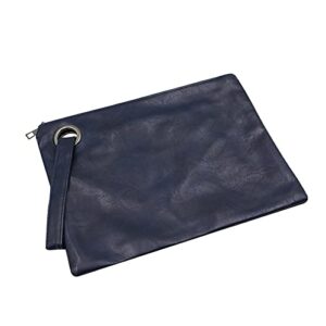 C.C-US Women Oversized Envelope Handbag Soft Leather Clutch Evening Bag Purse with Wrist Strap (Navy Blue)