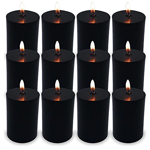 Black Pillar Candles, 12 Packs 2x3 Inch Unscented Dripless Cylinder Candles for Home, Halloween, Party (24 Hour)