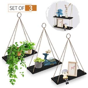 Hoofaway Hanging Shelves Wall Mounted Wood Shelves Lightweight and Durable Farmhouse Rope Shelves for Living Room Bedroom Bathroom Kitchen Black 3PCS