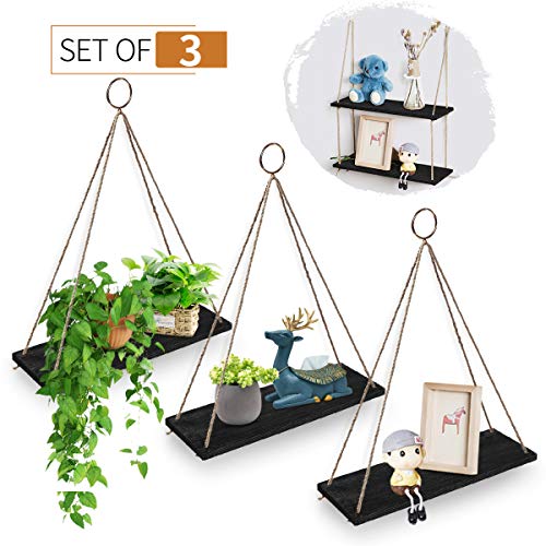 Hoofaway Hanging Shelves Wall Mounted Wood Shelves Lightweight and Durable Farmhouse Rope Shelves for Living Room Bedroom Bathroom Kitchen Black 3PCS