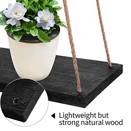 Hoofaway Hanging Shelves Wall Mounted Wood Shelves Lightweight and Durable Farmhouse Rope Shelves for Living Room Bedroom Bathroom Kitchen Black 3PCS