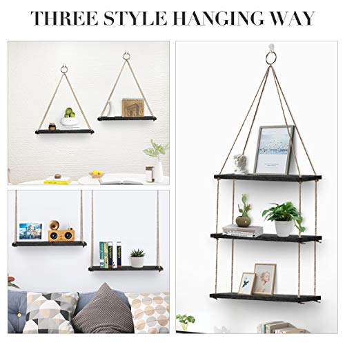 Hoofaway Hanging Shelves Wall Mounted Wood Shelves Lightweight and Durable Farmhouse Rope Shelves for Living Room Bedroom Bathroom Kitchen Black 3PCS