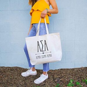 Greek Letters and Stylized Alpha Sigma Alpha Printed with Heart Design - Large Canvas Tote Bag for Women - Tote Bags for Sorority