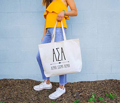 Greek Letters and Stylized Alpha Sigma Alpha Printed with Heart Design - Large Canvas Tote Bag for Women - Tote Bags for Sorority