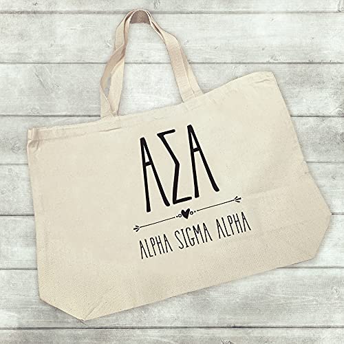 Greek Letters and Stylized Alpha Sigma Alpha Printed with Heart Design - Large Canvas Tote Bag for Women - Tote Bags for Sorority