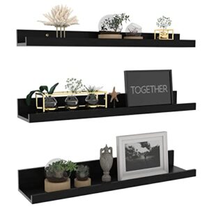 giftgarden 24 inch black floating shelves wall mounted woodgrain picture ledge shelf for storage bedroom bathroom kitchen living room office, set of 3 different sizes