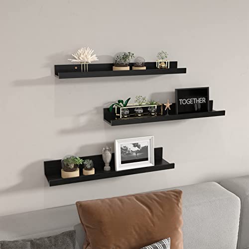 Giftgarden 24 Inch Black Floating Shelves Wall Mounted Woodgrain Picture Ledge Shelf for Storage Bedroom Bathroom Kitchen Living Room Office, Set of 3 Different Sizes