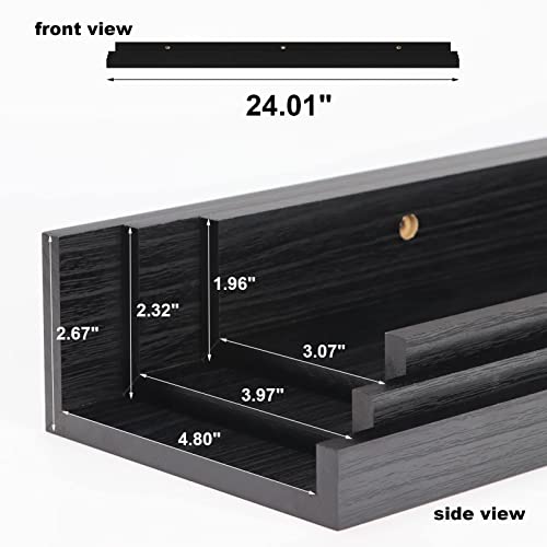 Giftgarden 24 Inch Black Floating Shelves Wall Mounted Woodgrain Picture Ledge Shelf for Storage Bedroom Bathroom Kitchen Living Room Office, Set of 3 Different Sizes
