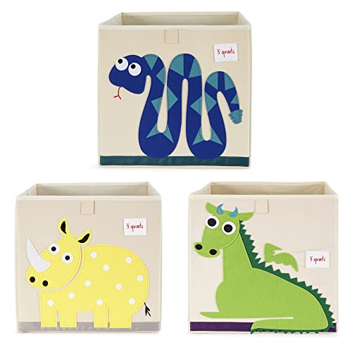 3 Sprouts Kids Childrens 13 Inch Square Felt Green Dragon Foldable Storage Cube Bin with Blue Snake and Yellow Rhino Fabric Storage Cube Bins